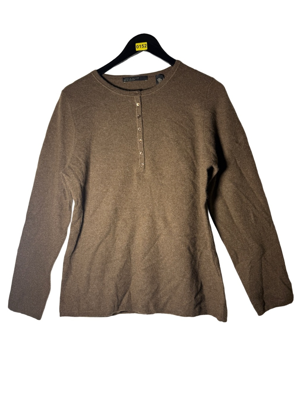 Lord & Taylor Brown Cashmere Crewneck Henley Sweater